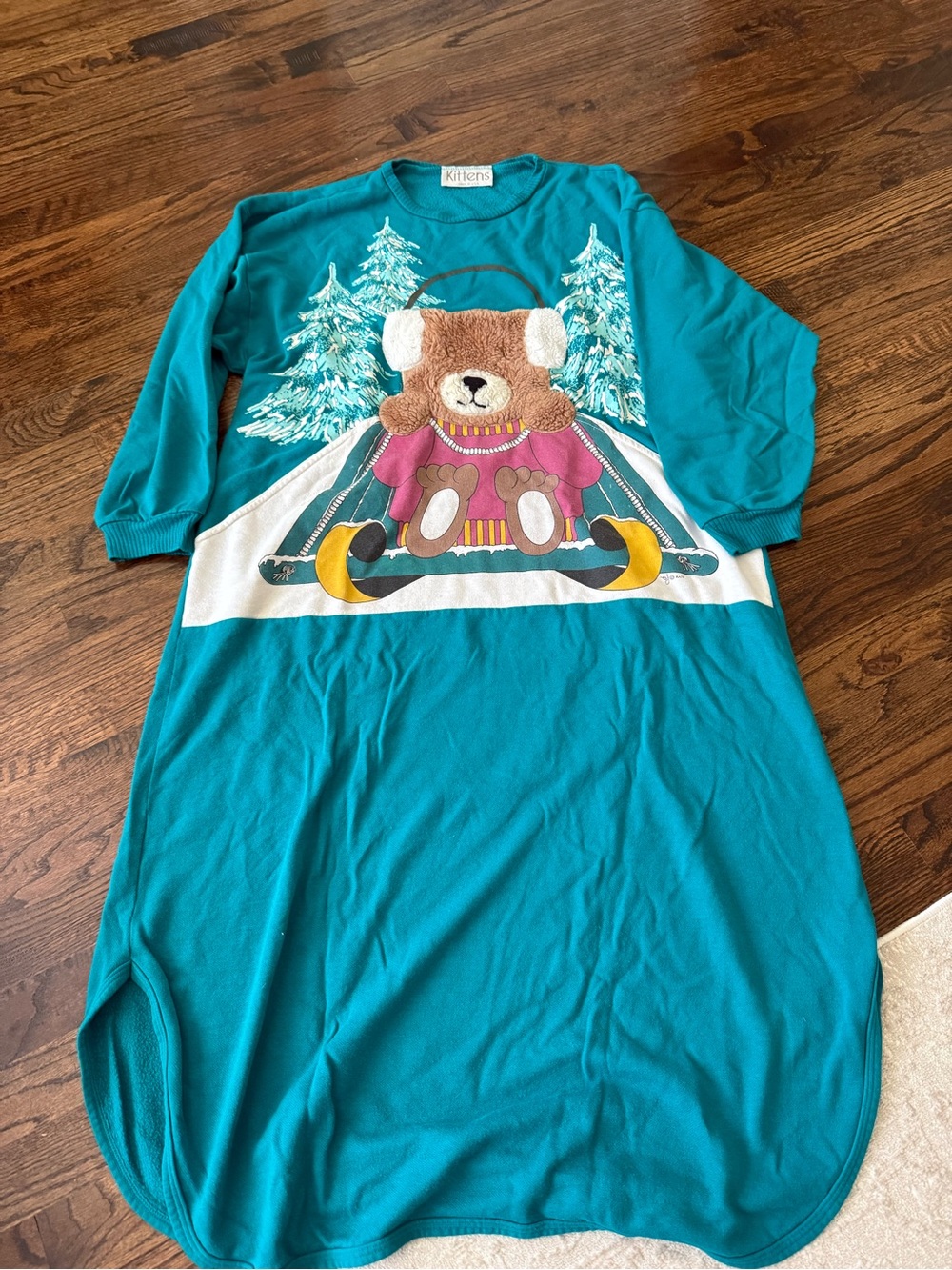 Vintage Winter Furry Brown Bear Teal Sweatshirt Dress Nightgown Women’s Large